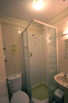 Een badkamer met een douchecabine, toilet en wastafel.