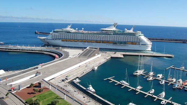 A large cruise ship docked at a marina with multiple smaller boats and a clear view of the surrounding port area. - Atlantic Home Azores (Ponta Delgada)
