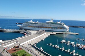 A large cruise ship docked at a marina with multiple smaller boats and a clear view of the surrounding port area. - Atlantic Home Azores (Ponta Delgada)