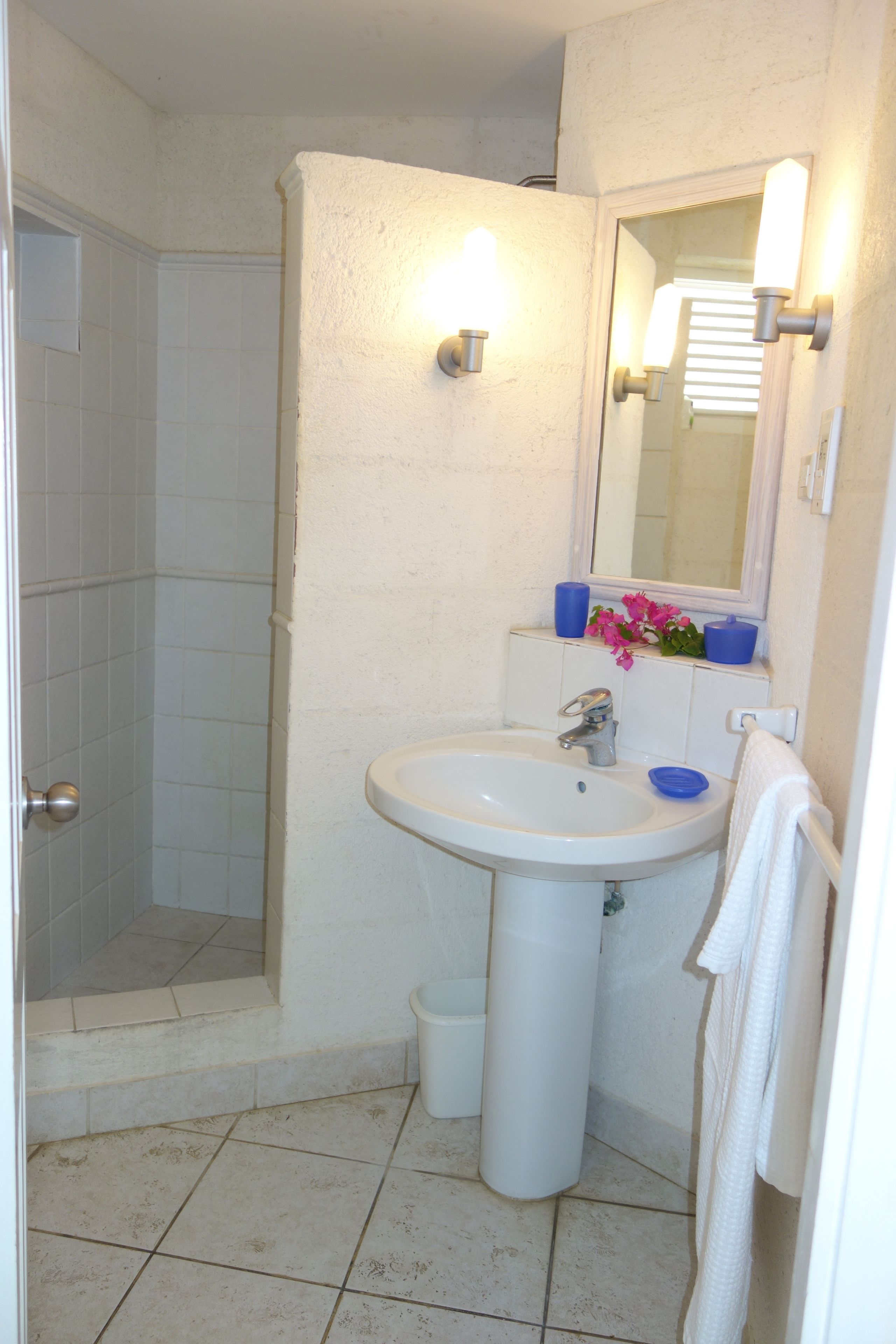 Un baño con lavamanos, espejo y ducha.