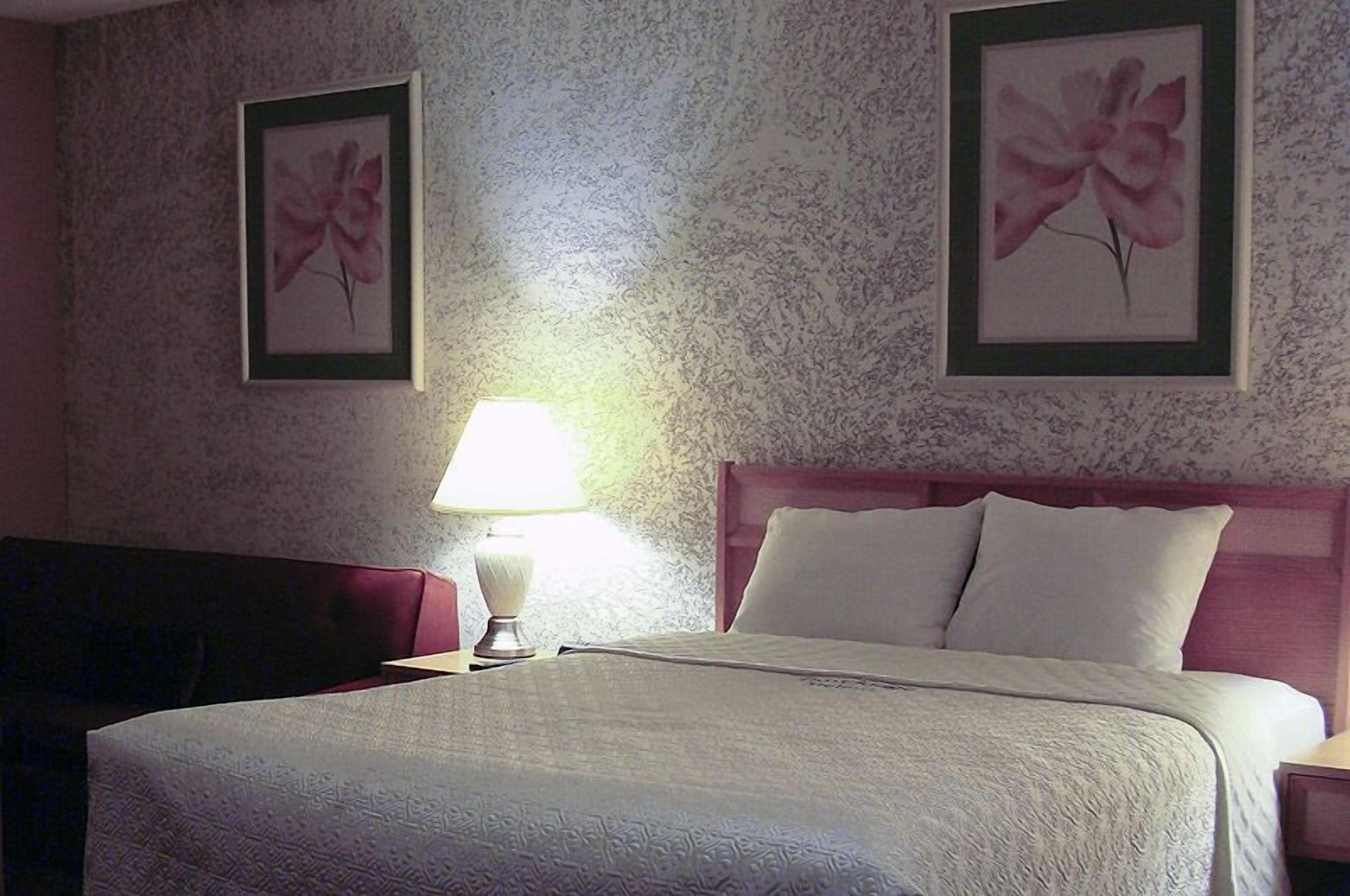 A hotel room with a bed, a nightstand, a lamp, and two framed floral pictures on the wall.