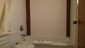 Bañera con ducha, secador de pelo, jabón, shampoo