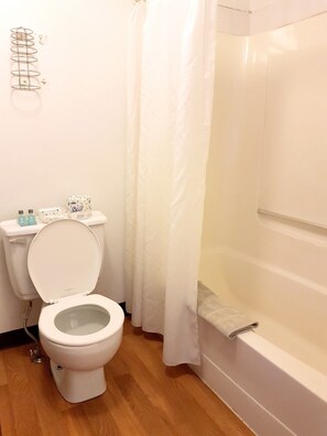 A bathroom with a toilet, a shower, and a bathtub.