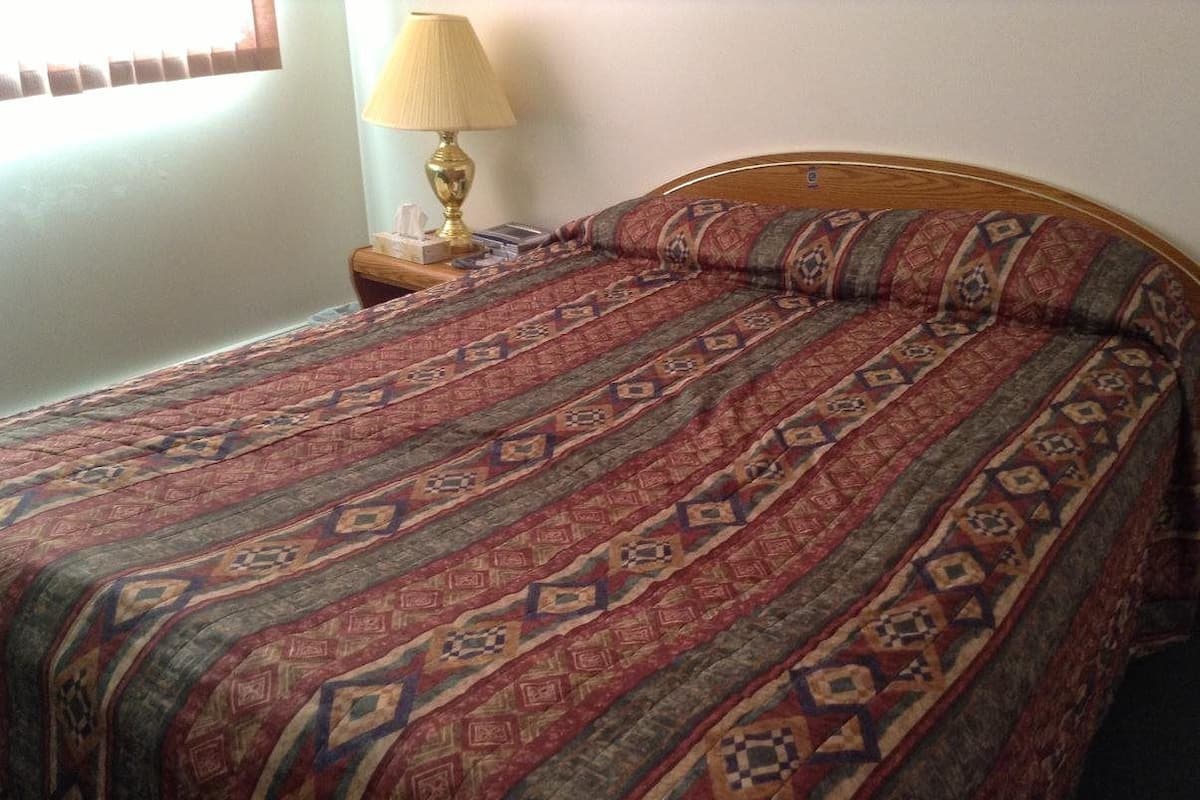 A bed with a patterned bedspread and pillows, a bedside lamp, and a nightstand with a tissue box and a remote control.