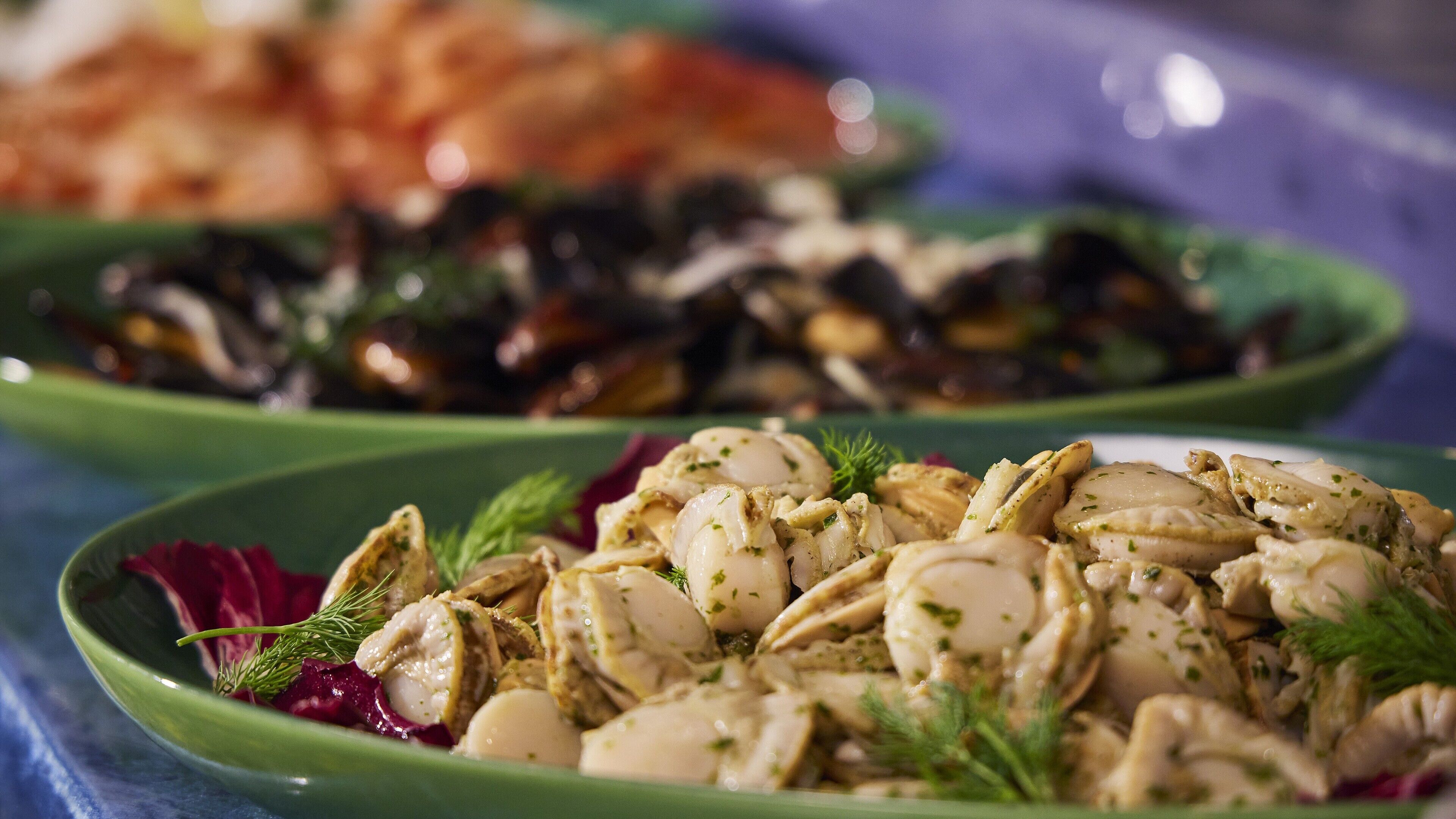 A close-up of a seafood dish with mussels and herbs.