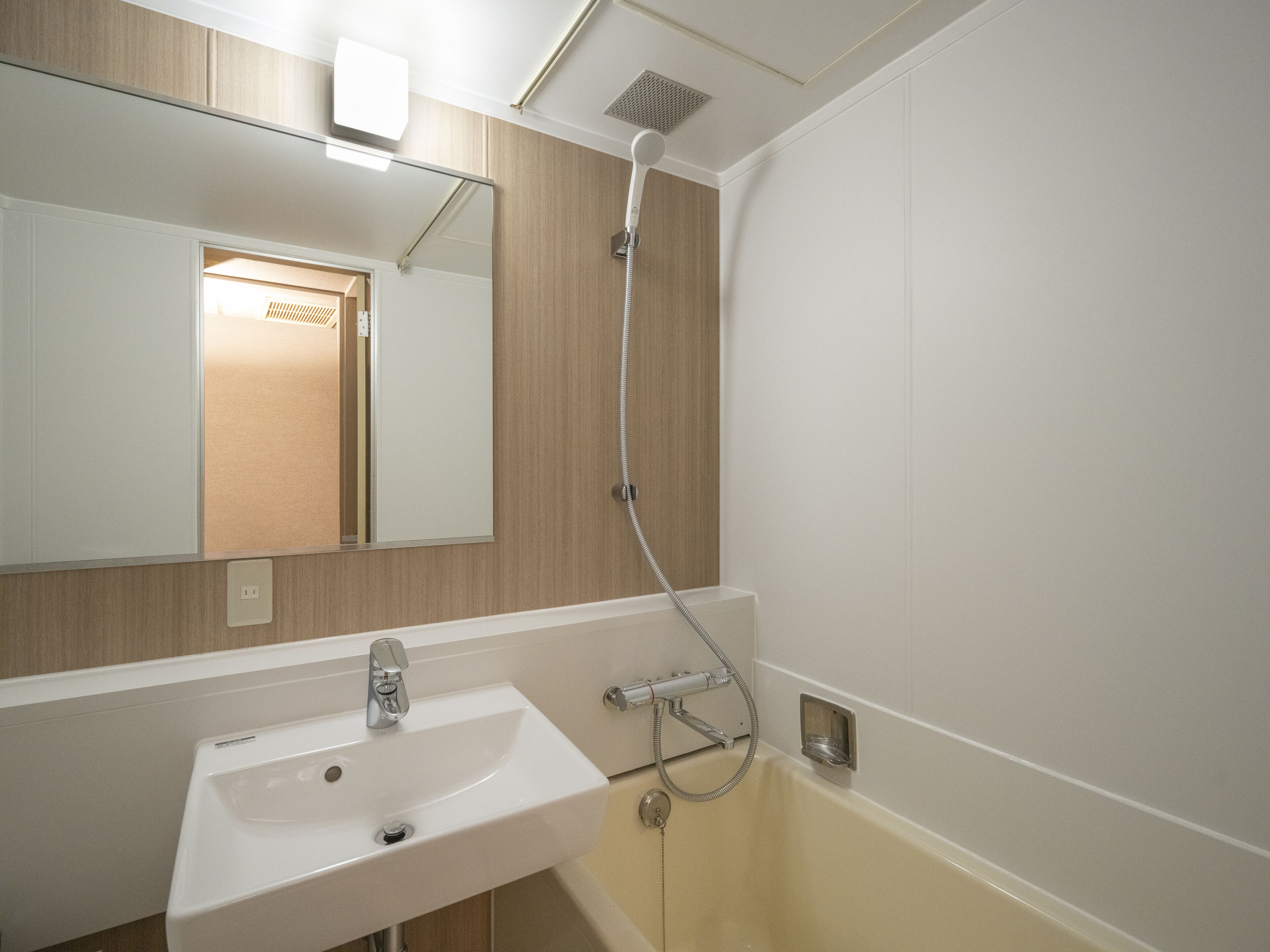Une salle de bain avec un lavabo blanc, un miroir et une douche.