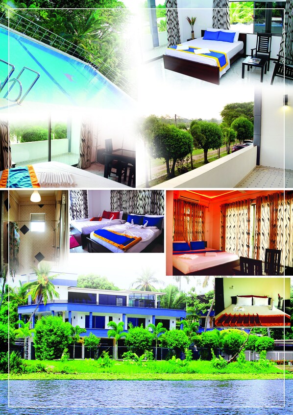 A hotel with multiple rooms, each featuring a bed, a chair, and a view of the outdoors.