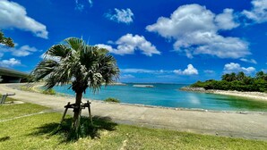 A coastal road with a palm tree, clear blue sky, and turquoise sea. - Hotel Umizola (Naha)