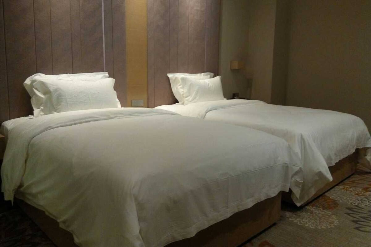 Ett hotellrum med två separata sängar, träpanel som huvudgavel och en mönstrad matta.