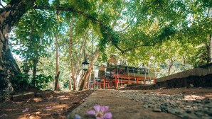 A pathway leading to a building with a red roof and a staircase. - 360 Rainforest (Deniyaya)