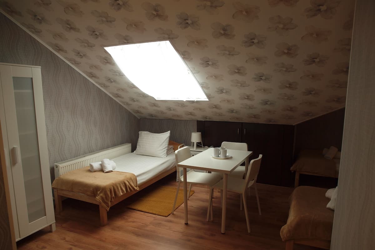 A small, single-room apartment with a sloped ceiling, a bed, a table with chairs, and a radiator.