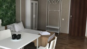 Una habitación moderna y bien iluminada con una mesa de comedor, sillas, un sofá, un armario y un tendedero.
