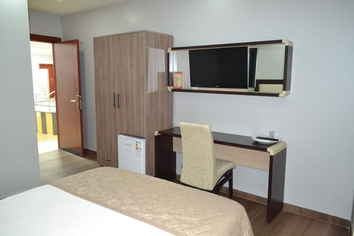 A hotel room with a bed, a desk with a chair, a wardrobe, a television, and a mini-fridge.