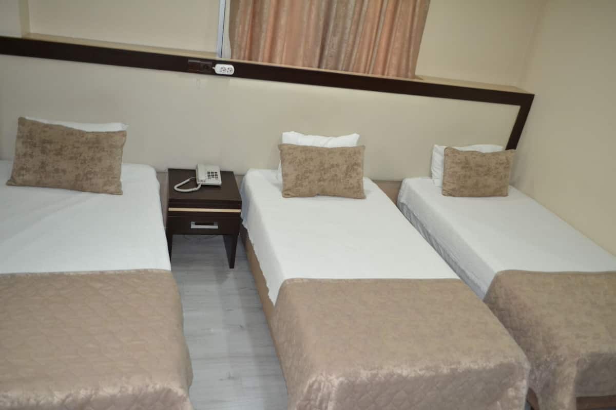 A hotel room with three single beds, each with a pillow and a bedside table.