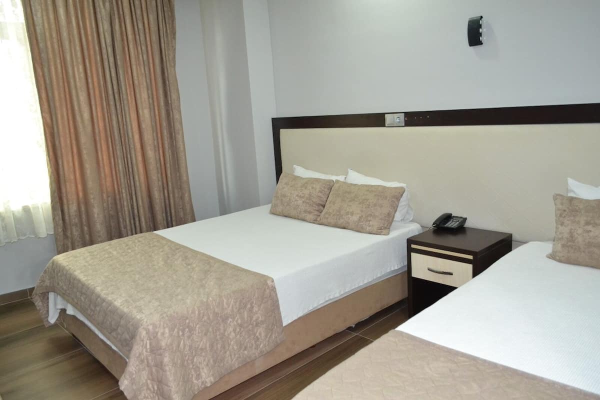 A hotel room with a large bed, a bedside table with a phone, and a nightstand.