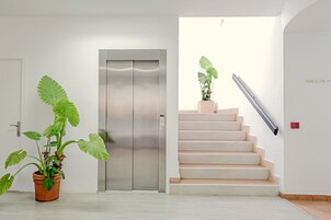 Un interior moderno con un ascensor metálico, una escalera con barandilla y una planta en maceta.