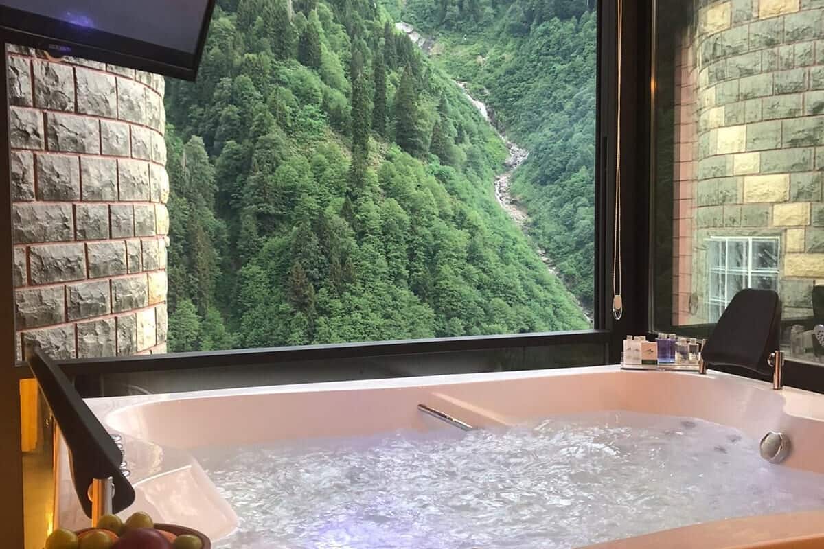 Une pièce dotée d’une grande fenêtre donnant sur une montagne boisée. On aperçoit un jacuzzi au premier plan, et un téléviseur fixé au mur affiche le logo de Netflix.