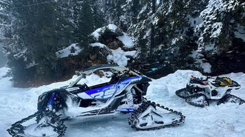 A snowmobile parked in a snowy forest.