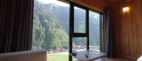 A room with a large window offering a view of a mountainous landscape. There is a small table with a tissue box and a remote control on it.