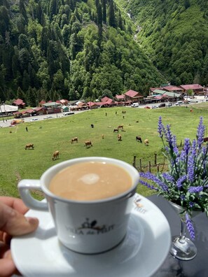 A cup of coffee with a view of a green field with cows and a village in the background.