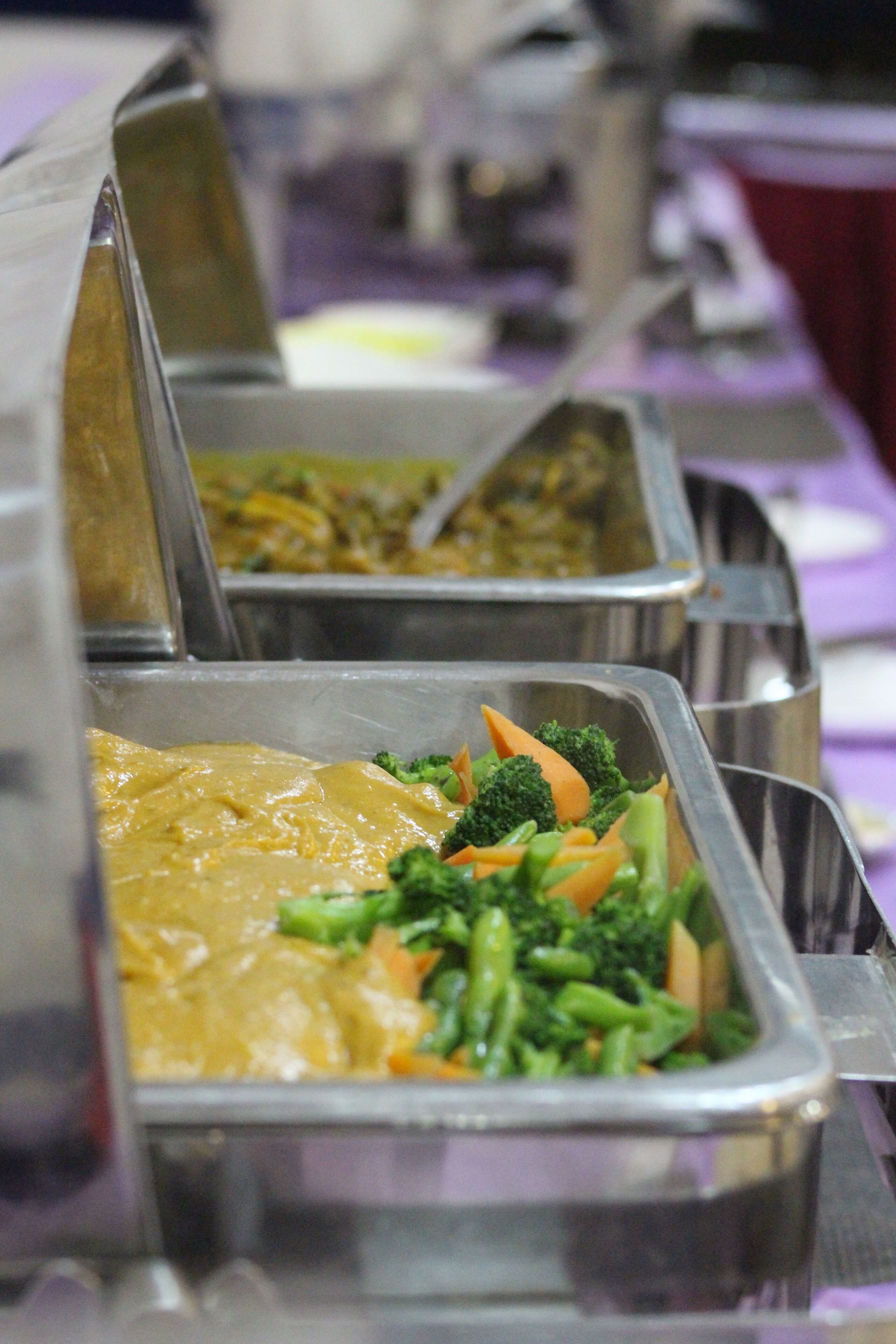 A buffet with various dishes including a creamy soup, broccoli, and carrots.