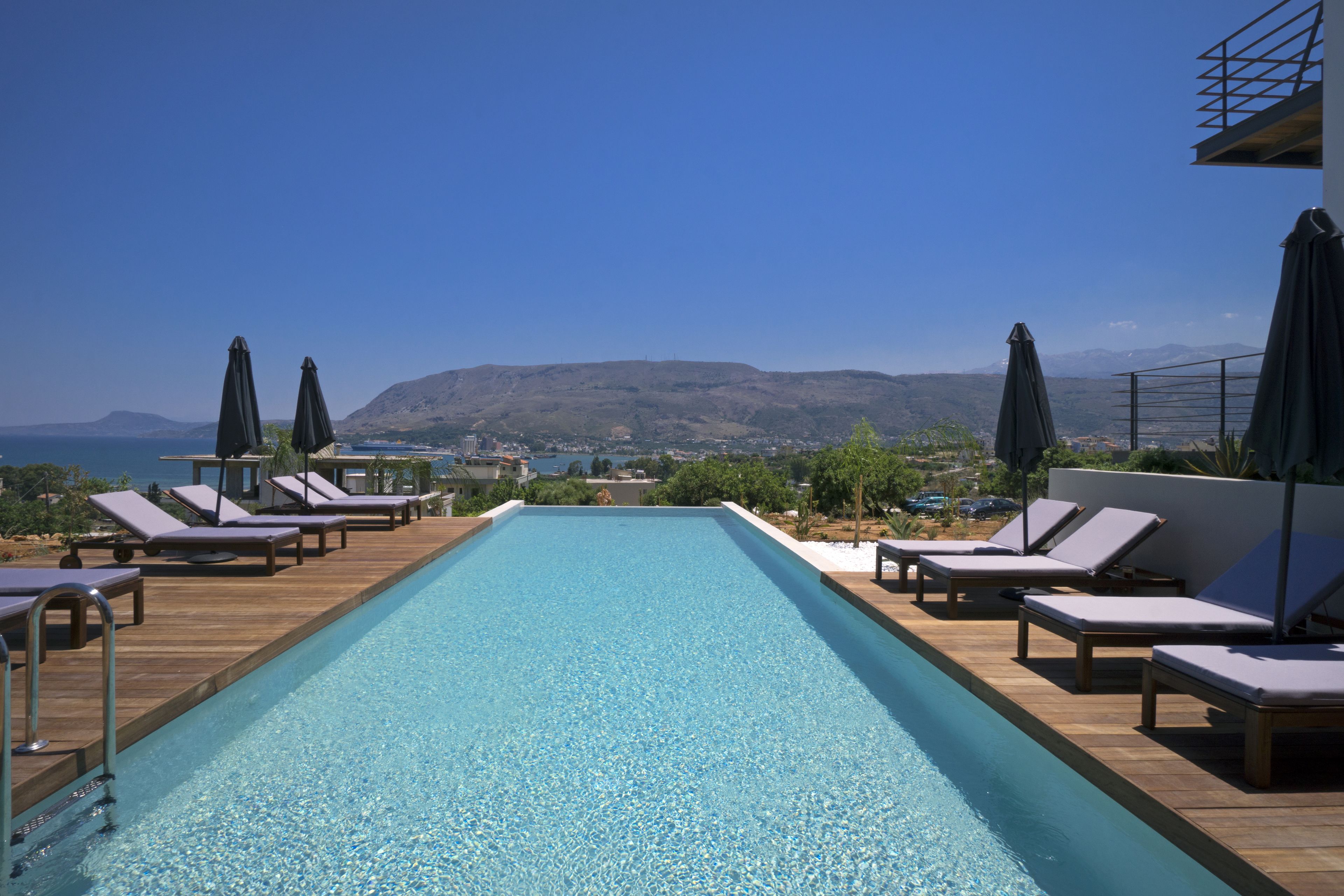 Outdoor pool, pool umbrellas, pool loungers