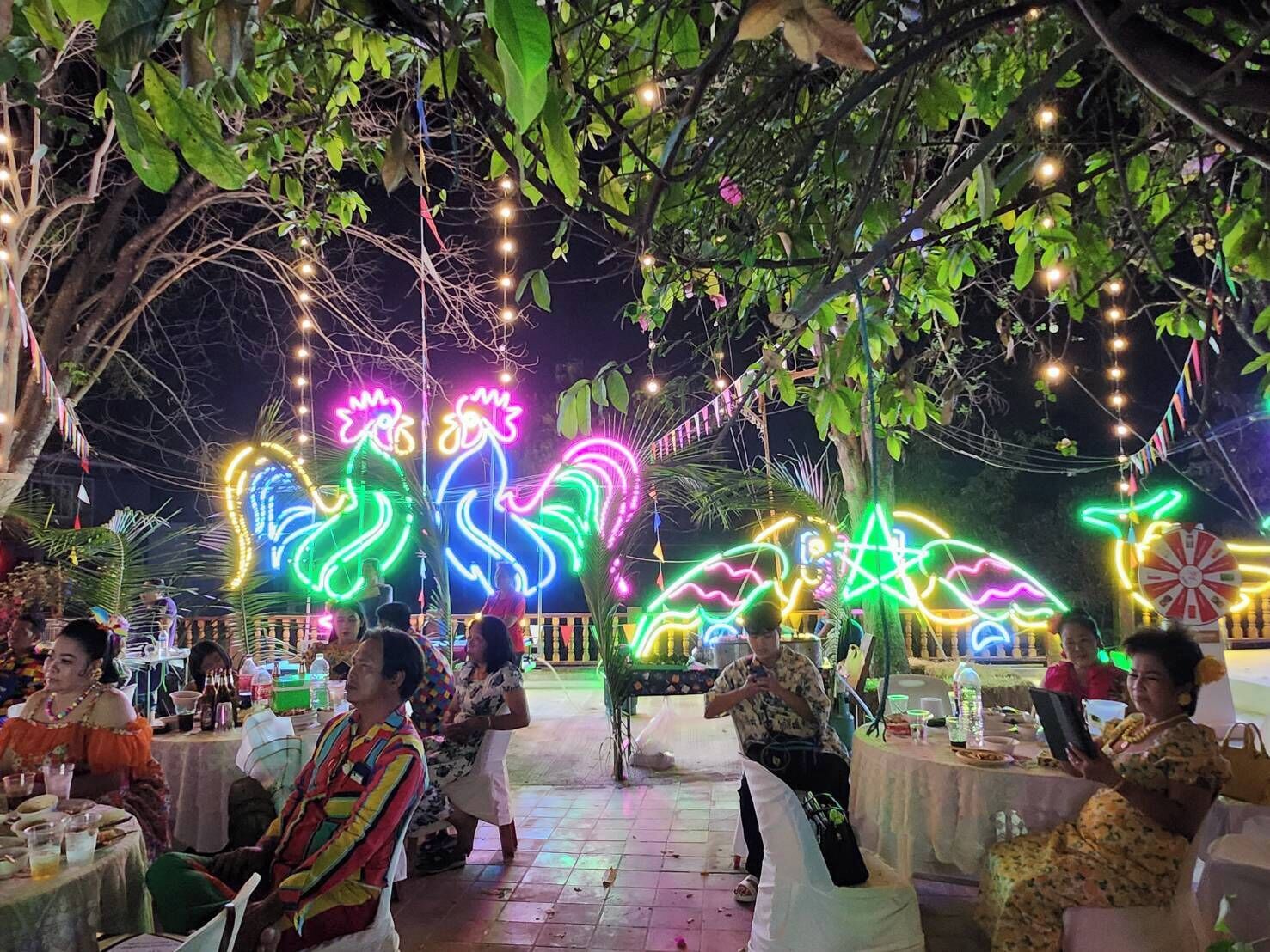 Un espace de restauration en plein air, avec des tables et des chaises, entouré d’arbres et illuminé de guirlandes lumineuses.