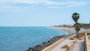 A coastal beach scene with a paved walkway, palm trees, and a view of the ocean. - Hotel Roquetas El Palmeral by Pierre & Vacances (Roquetas de Mar)