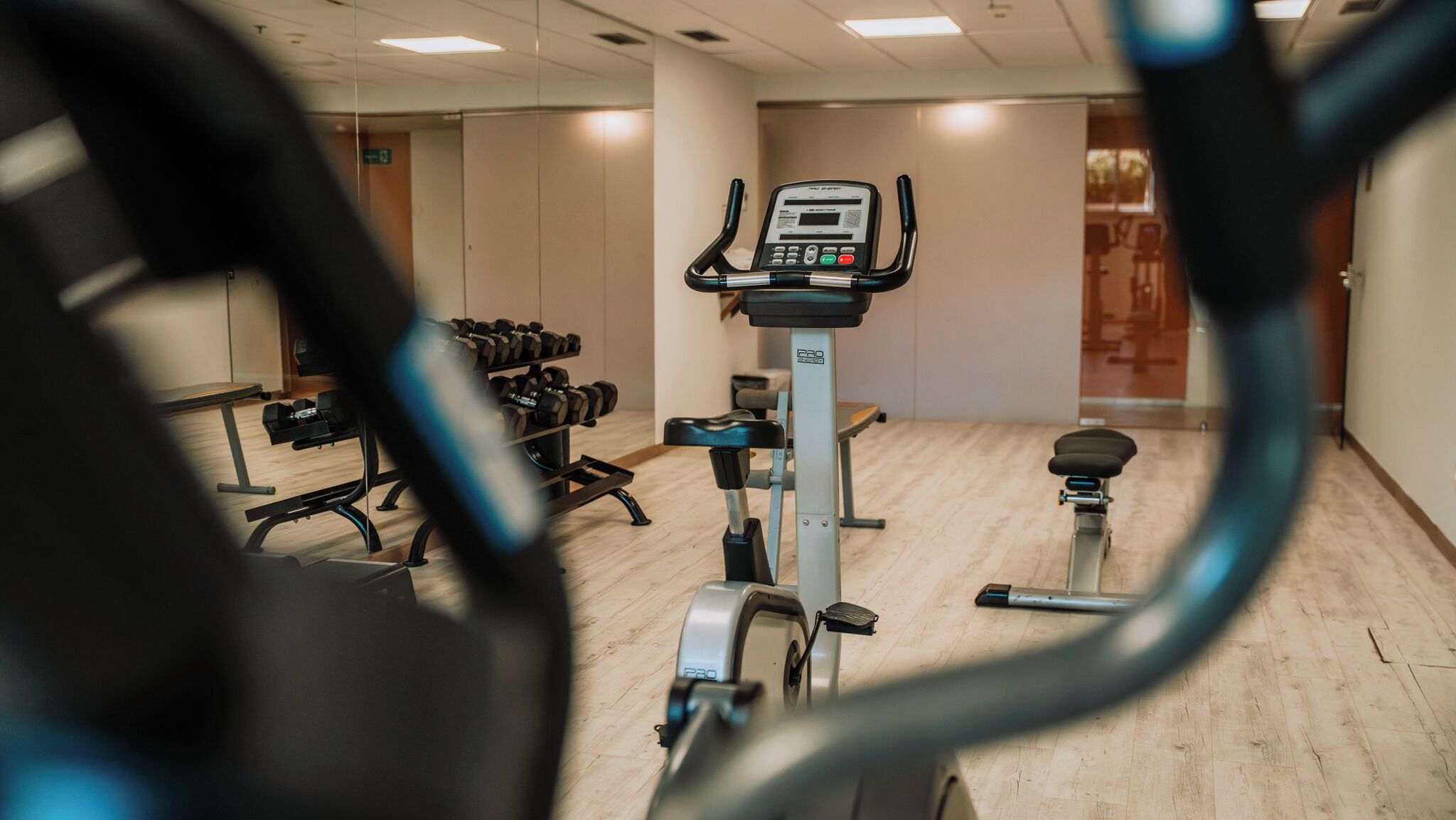 Un gimnasio con equipo de cardio, pesas y un espejo grande.