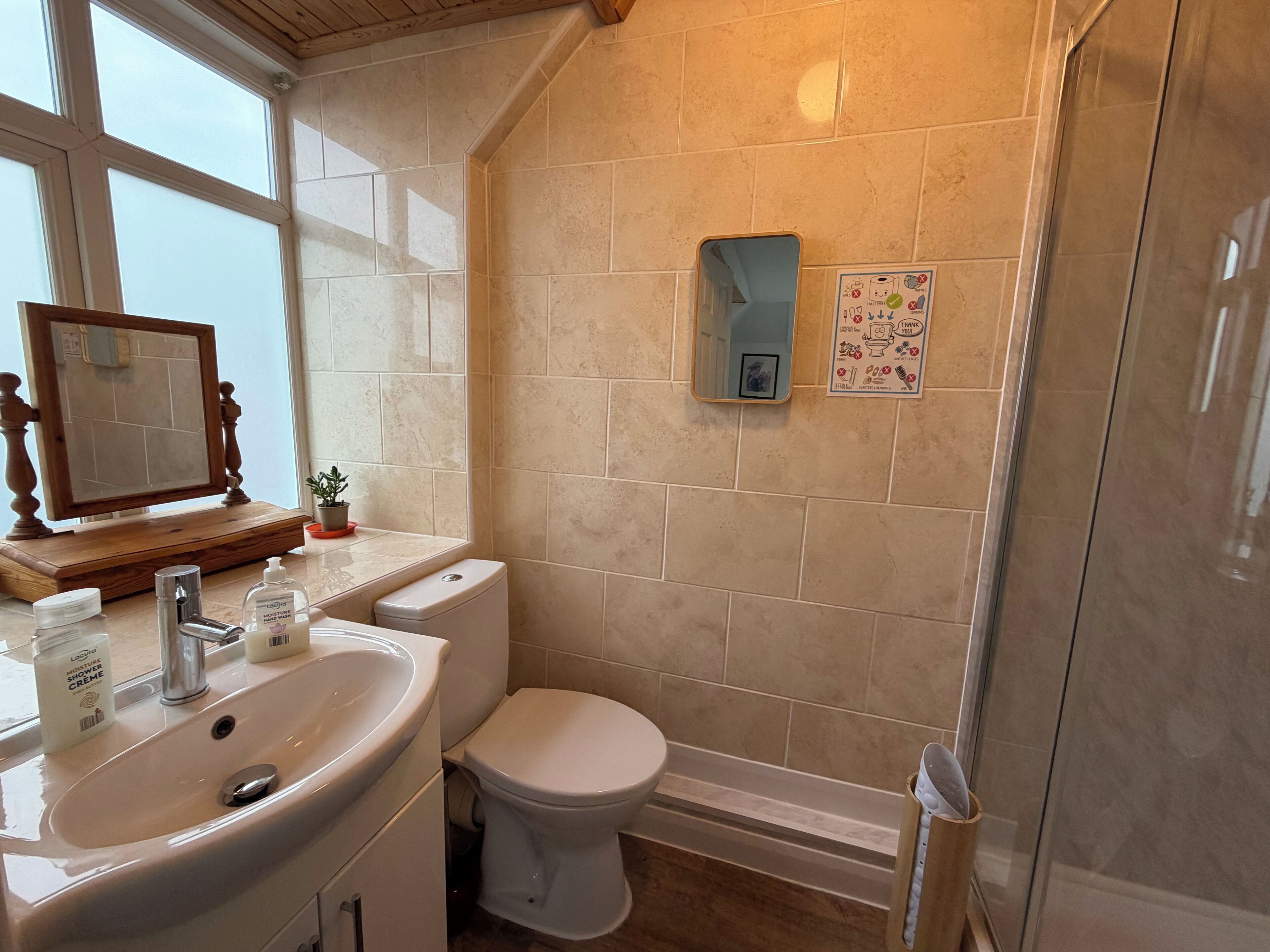 A bathroom with a sink, mirror, toilet, and shower.