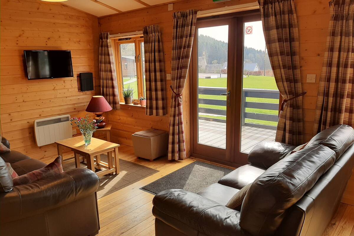 Una habitación acogedora con sofá, una mesa con lámpara, televisor montado en la pared y ventana con cortinas.