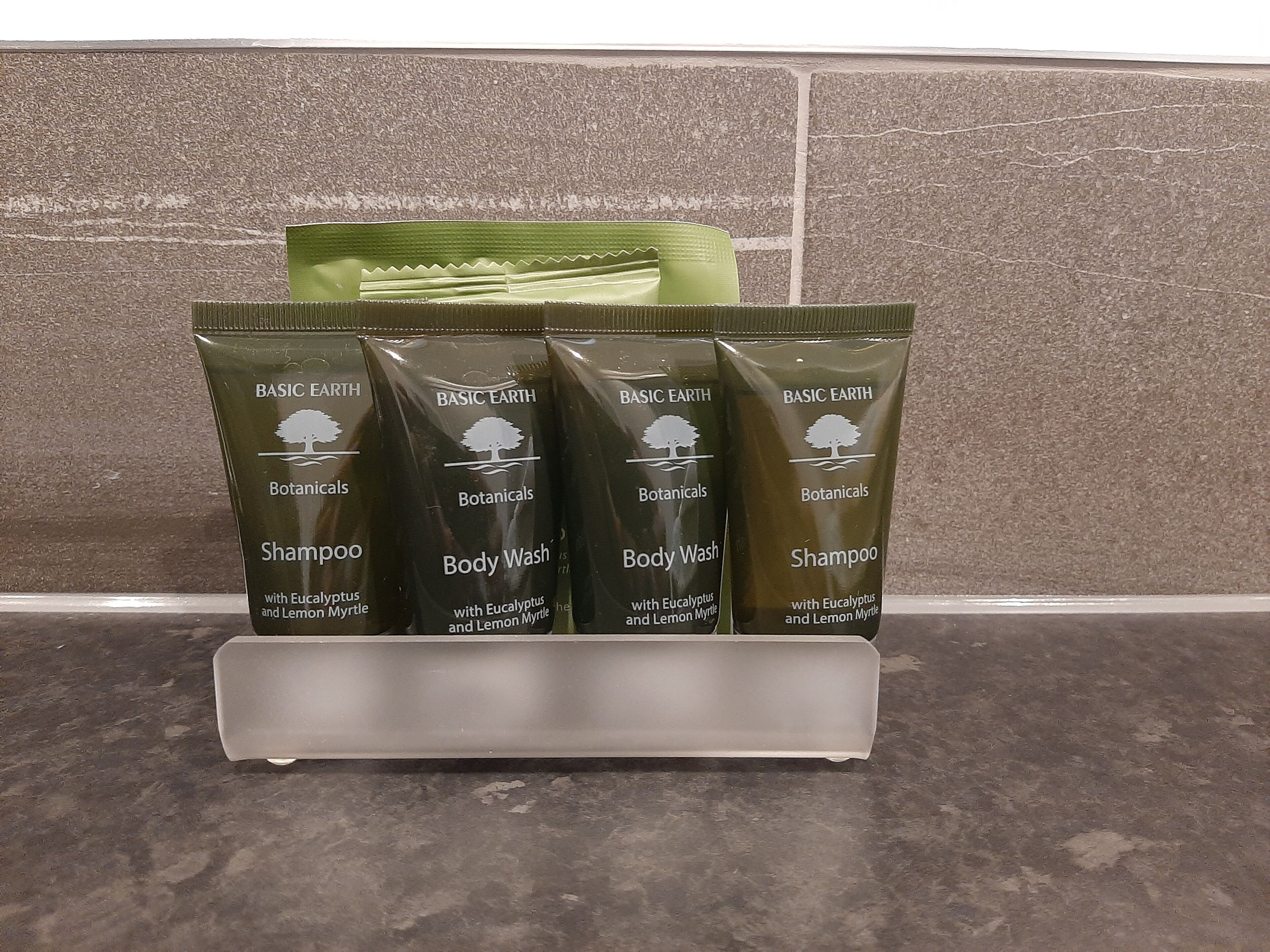 Un ensemble de quatre produits de la gamme Basic Earth Botanicals, disposés sur un comptoir.
