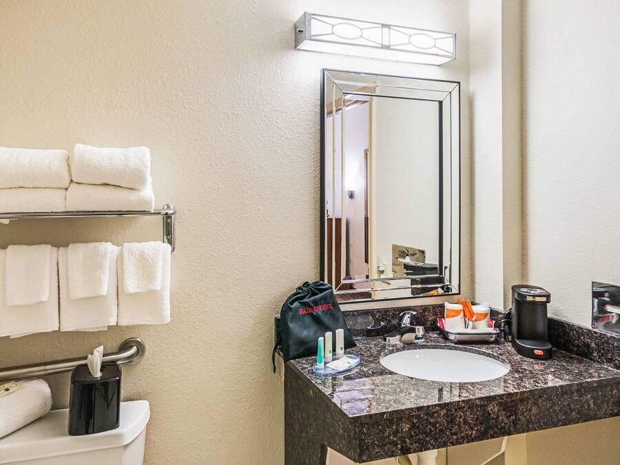 Un bagno con lavandino, specchio, porta asciugamani e articoli da toilette.