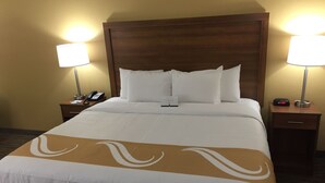 A hotel room with a large bed, two bedside tables, a nightstand, a lamp, a phone, and a digital clock.