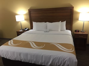 A hotel room with a large bed, two bedside tables, a nightstand, a lamp, a phone, and a digital clock.