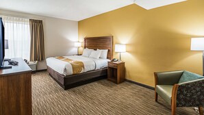 Habitación de hotel con cama, lámparas de noche, escritorio con teléfono, silla y televisión.