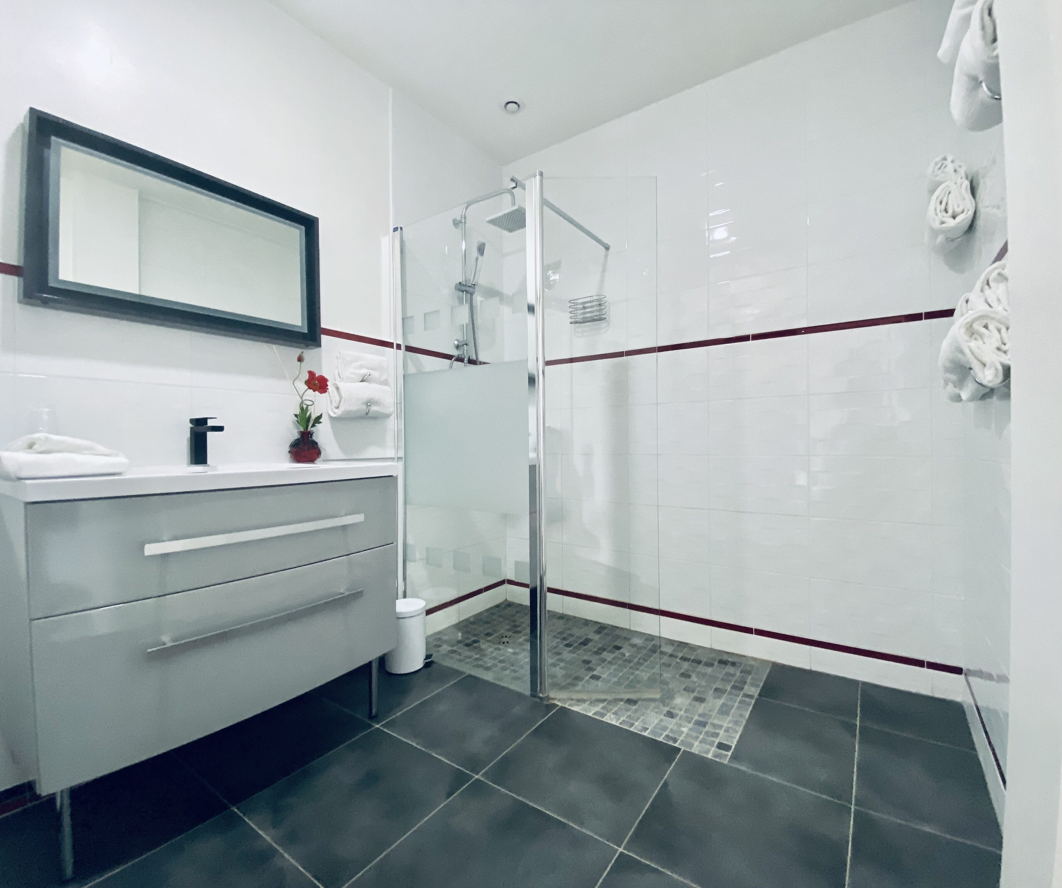Une salle de bain moderne avec une douche à parois de verre, un meuble-lavabo blanc avec un miroir et une petite plante en pot.