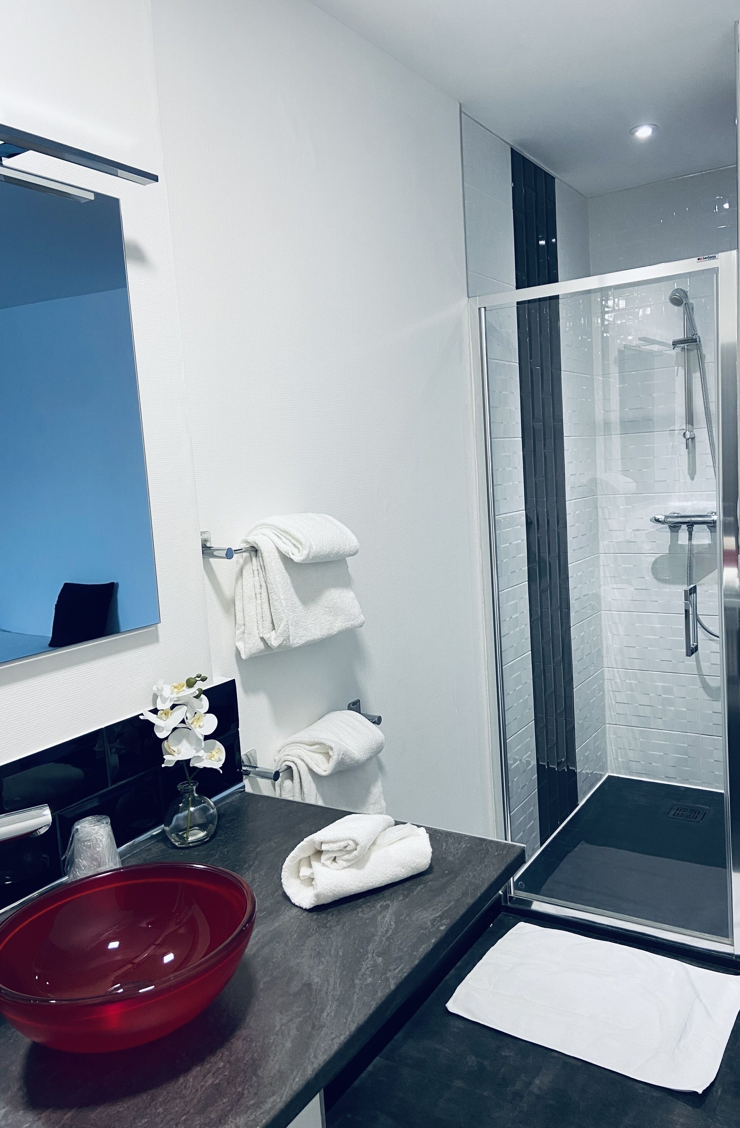 A modern bathroom with a glass shower enclosure, a large mirror, and a red bowl sink.