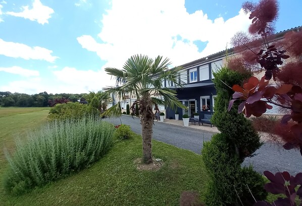 A hotel with a well-maintained lawn, a palm tree, and a clear view of the surrounding landscape. - Hôtel Air-Lane (Saint-Leger-sous-Brienne)
