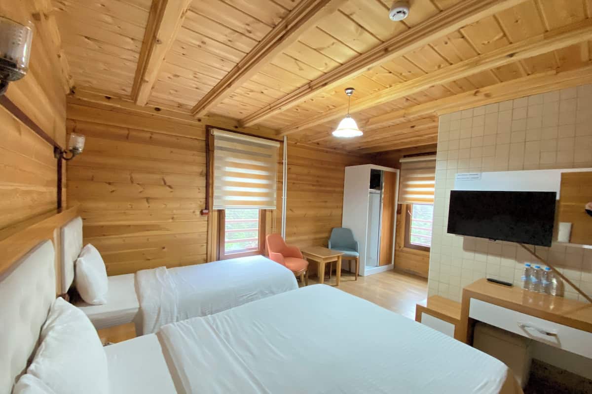 A wooden cabin room with two beds, a desk, a chair, a television, and a window with blinds.