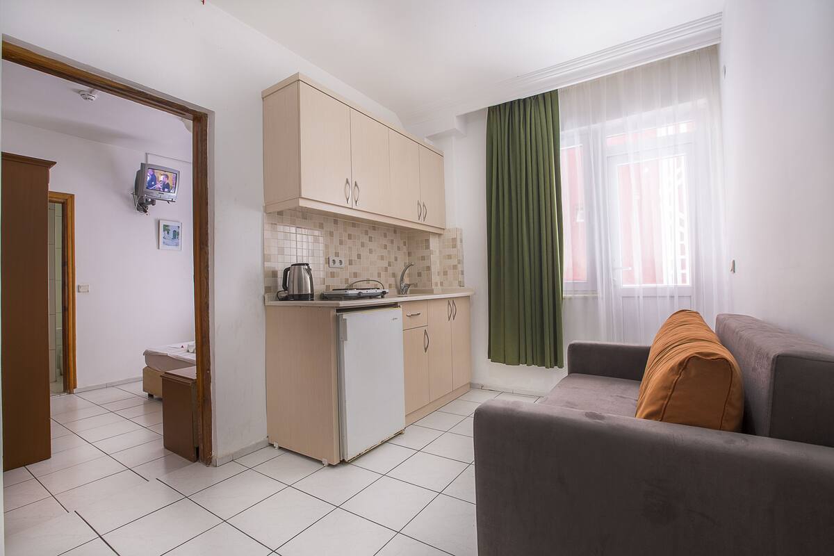 A compact living space with a kitchenette, a sofa, and a television.