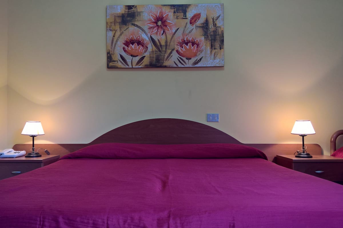 A hotel room with a large bed, two bedside tables with lamps, a telephone, and a painting on the wall.