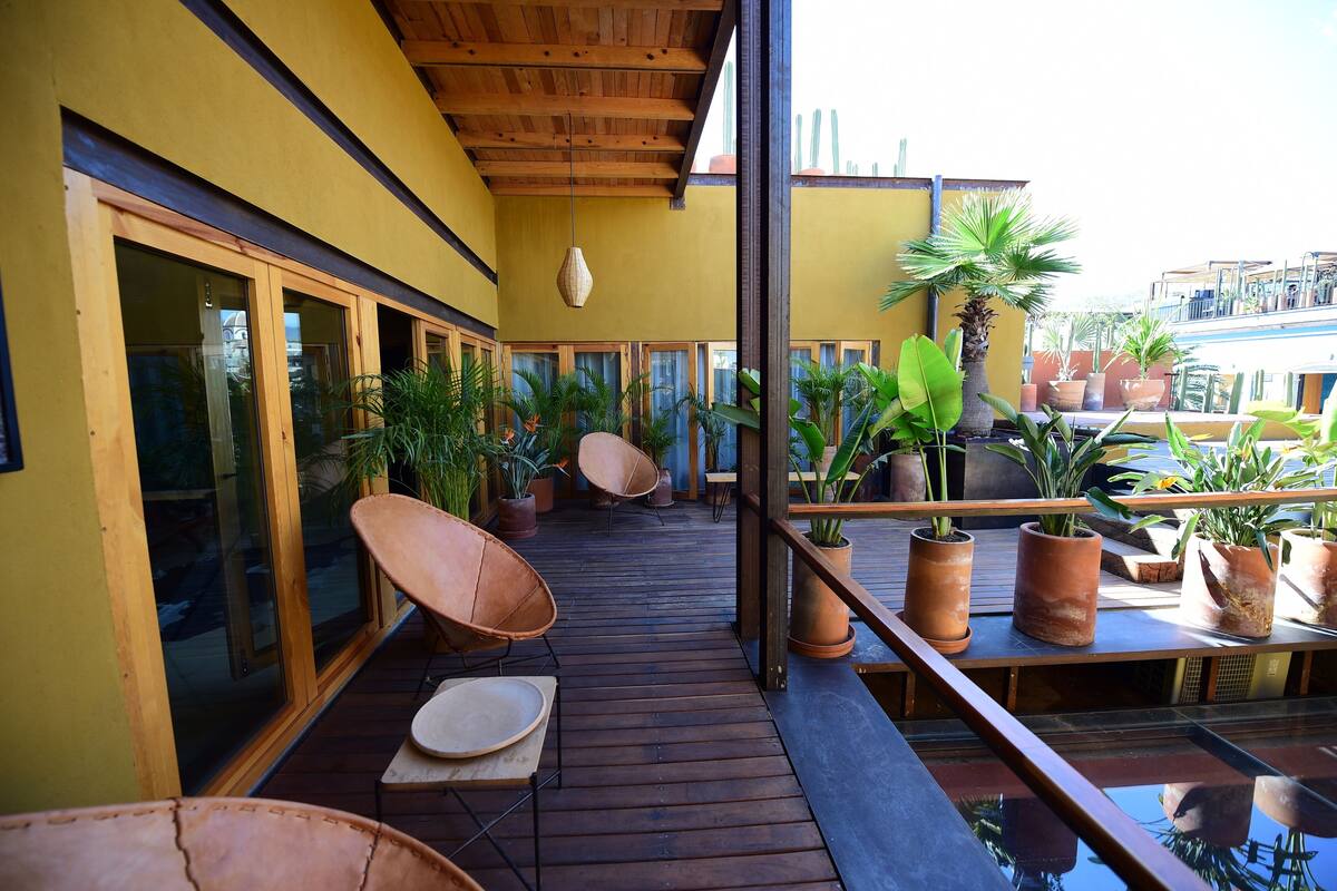 A wooden deck with potted plants and a glass railing.