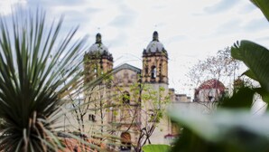 A balcony with potted plants, a colorful rug, and a view of a building with two domed towers. - Hotel Los Amantes (Oaxaca)