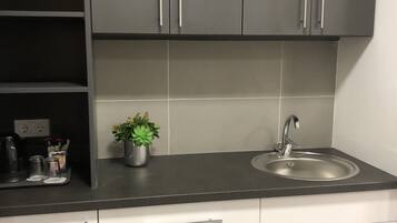 A kitchen with grey cabinets, a black countertop, a stainless steel sink, and a potted plant.