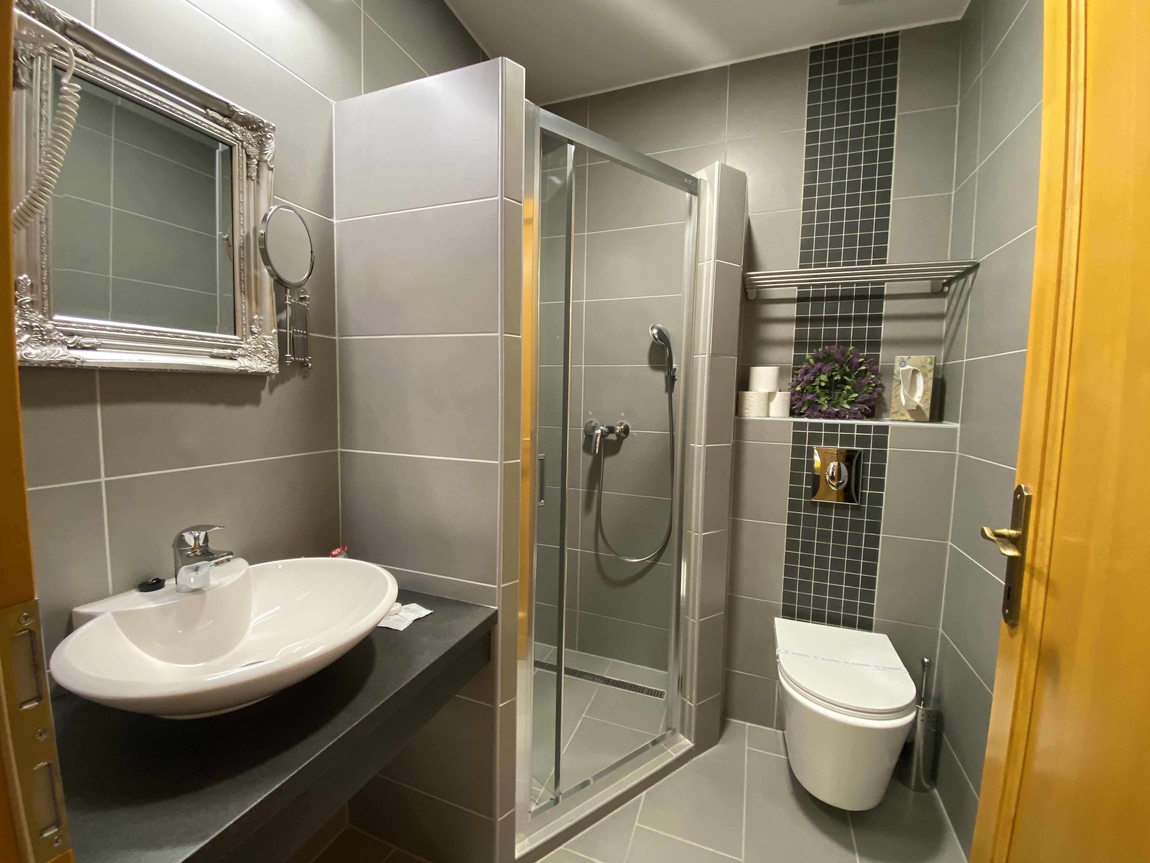 A modern bathroom with a large sink, a glass-enclosed shower, and a toilet.