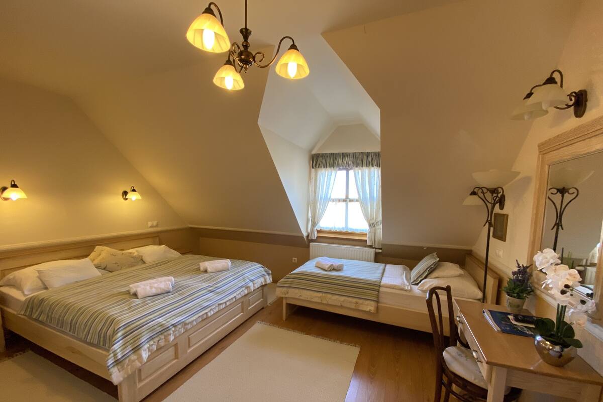Un dormitorio con dos camas, un escritorio, una silla, un espejo y una ventana con cortinas.