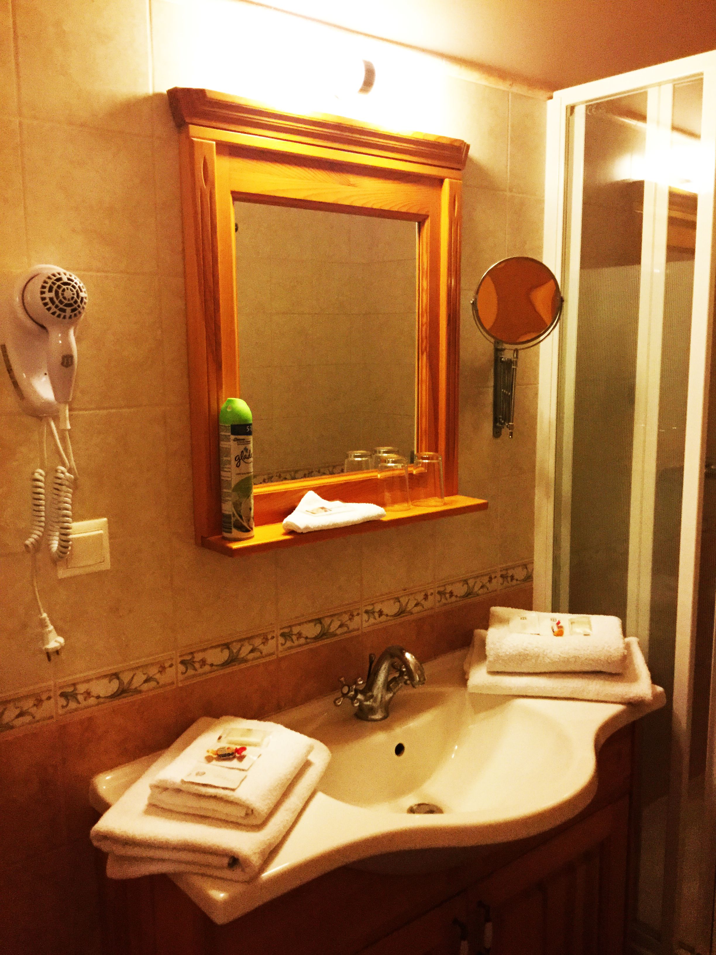 A bathroom with a sink, mirror, and hairdryer.