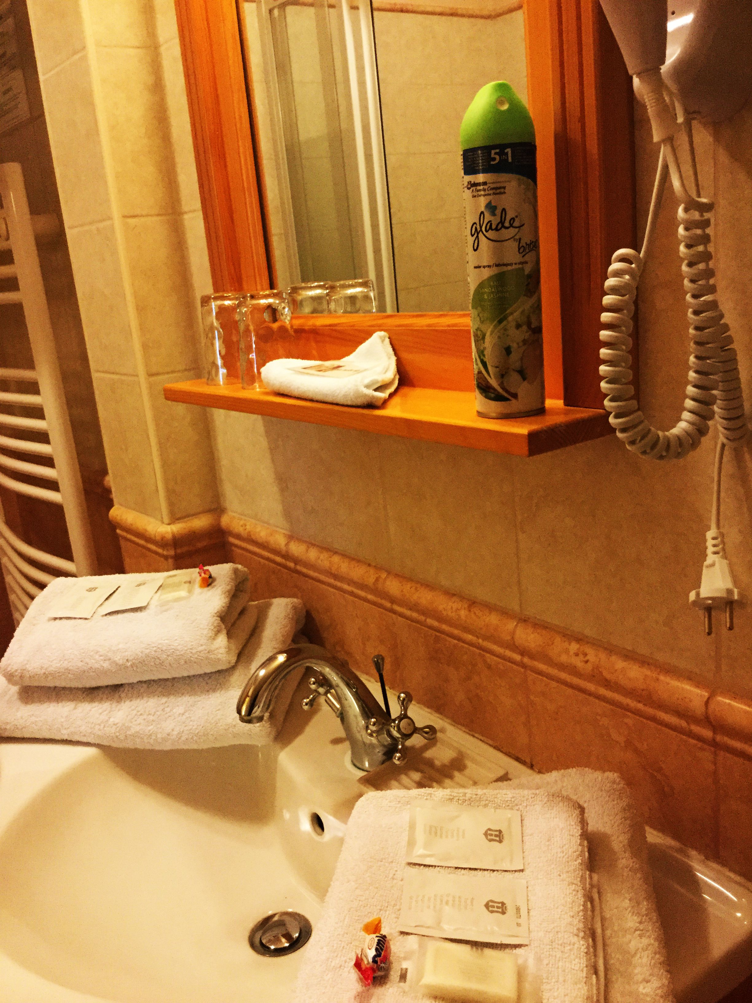 A bathroom with a sink, two towels, a bottle of shampoo, and a hairdryer.