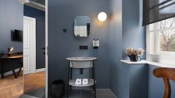 Une salle de bain moderne avec un lavabo, un miroir et des articles de toilette.
